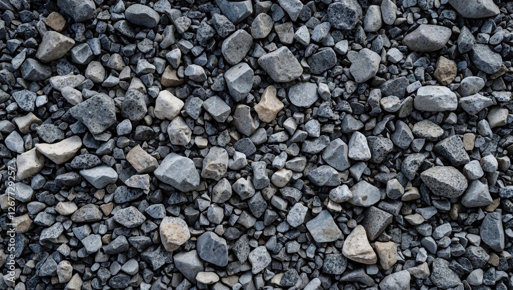 Poster texture of assorted gravel and stones in various sizes and shades of gray and beige suitable for bac