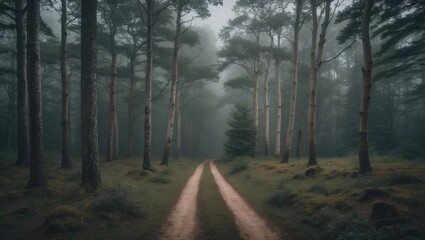 Fototapeta premium Misty forest pathway with tall pine trees and soft ground underfoot in a serene natural setting Copy Space