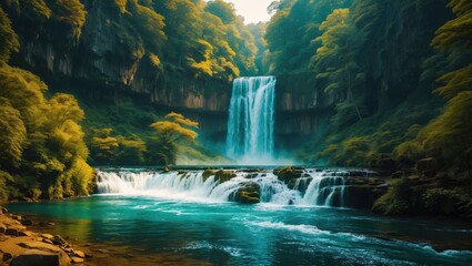 Waterfall cascading into turquoise river surrounded by green foliage and rock formations with mist creating a tranquil atmosphere Copy Space