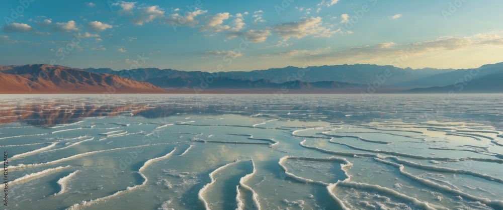 Poster salt flats landscape with intricate patterns reflecting sky and mountains under soft natural light, 