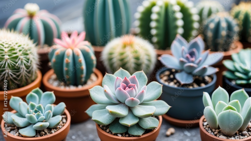 Poster assorted cacti and succulents in terracotta pots arranged on a surface with copy space for text