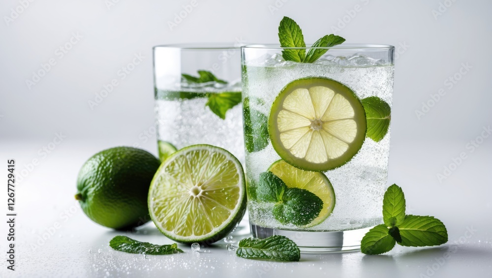 Poster refreshing beverage with lime slices and mint leaves in two glasses on a light background with copy 