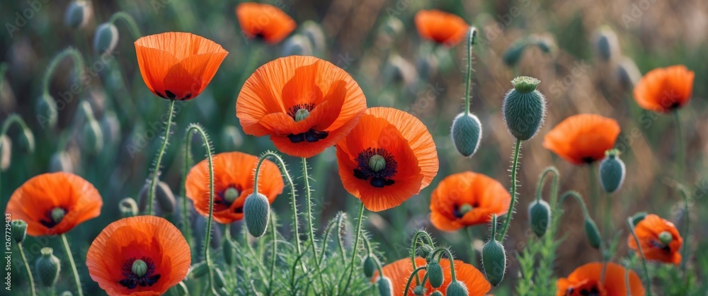 Poster vibrant orange poppy flowers and buds in a natural setting with soft focus background and ample copy