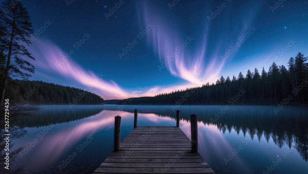 Poster scenic view of calm lake at dusk with wooden dock and reflection of clouds and trees in water copy s