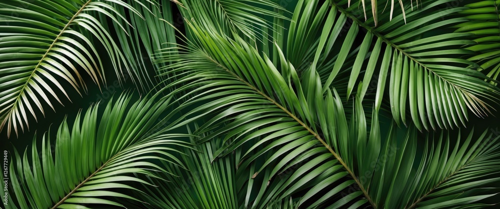 Poster lush green palm leaves overlapping in a dense arrangement natural background texture with copy space
