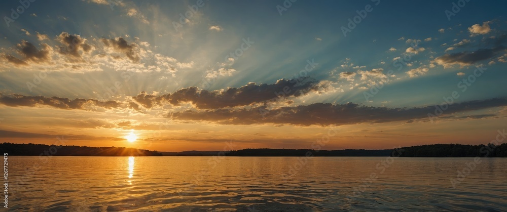 Poster sunset over a calm lake with clouds and rays of light reflecting on water surface in a panoramic vie