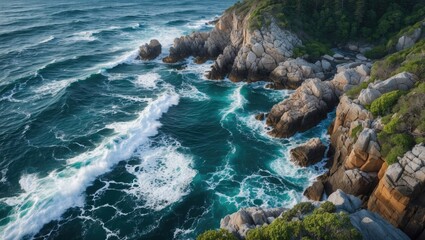 Obraz premium Aerial view of rocky coastline with crashing ocean waves and lush green vegetation in clear blue waters Copy Space