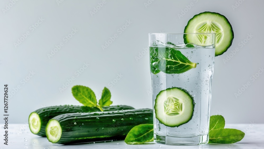 Poster cucumber drink with fresh mint in a glass surrounded by sliced cucumbers and mint leaves on a light 