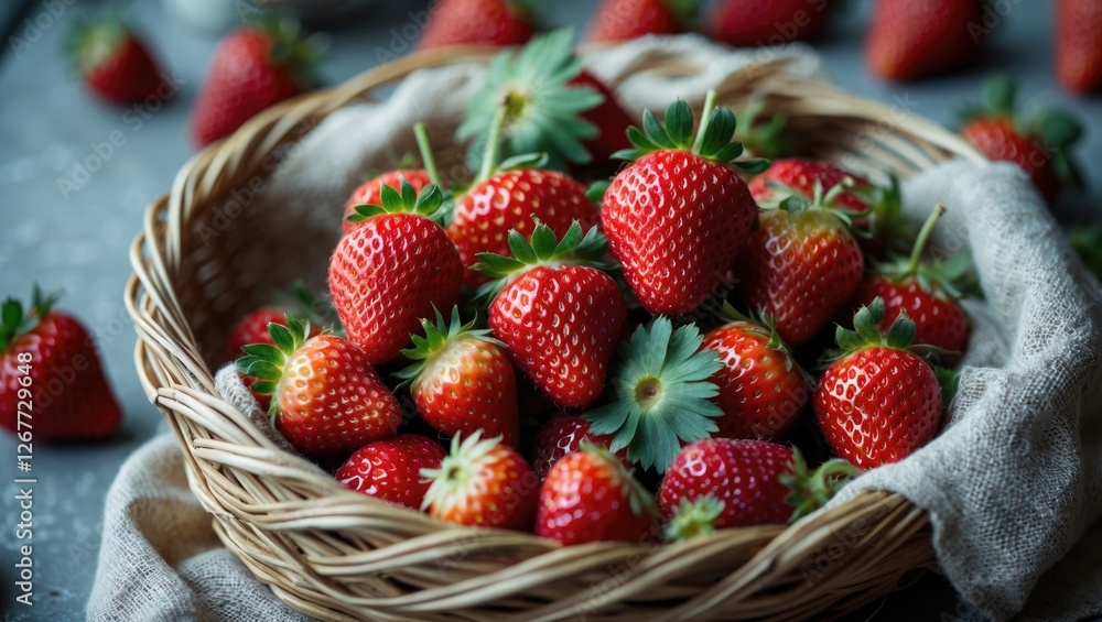 Poster fresh ripe strawberries in a woven basket with greenery on a rustic surface with additional strawber