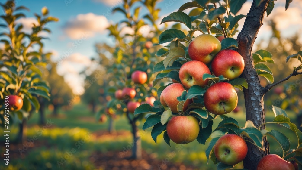 Poster apple orchard with ripe red apples on trees in a sunny landscape during golden hour with blurred bac