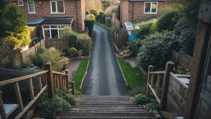 Obraz premium Residential pathway with steps leading down to a narrow road bordered by houses and greenery during daylight Copy Space