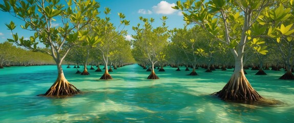 Mangrove forest with trees emerging from turquoise water under clear blue sky and sunlight, creating a vibrant, lush coastal ecosystem. Copy Space