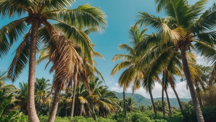 Tropical palm trees swaying in the breeze against a clear blue sky with mountains in the background and lush greenery providing copy space