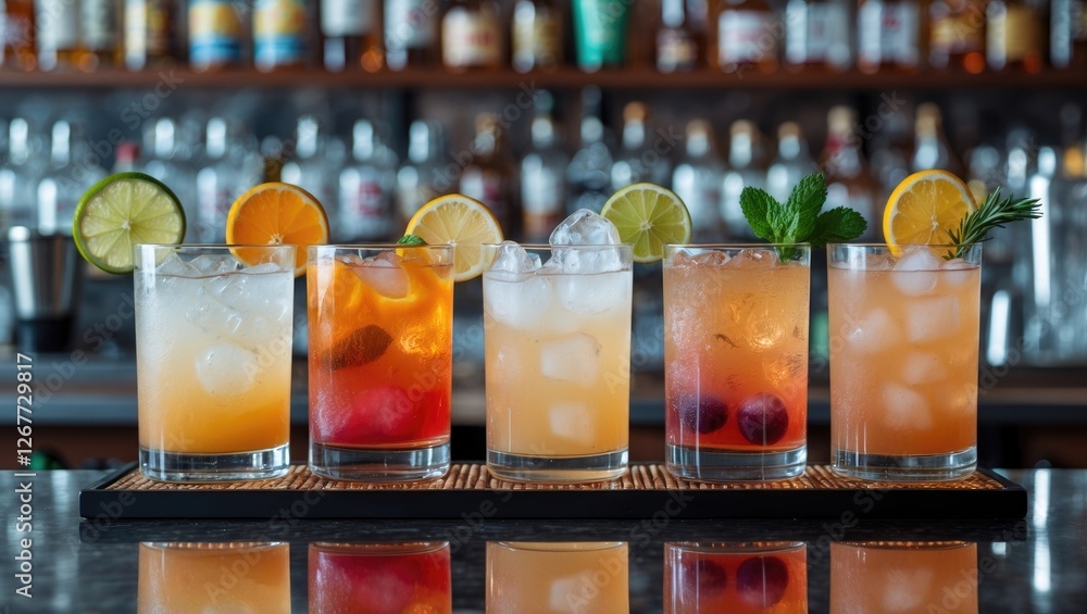 Aufkleber assorted refreshing cocktails with garnishes of citrus fruits and herbs displayed on a bar counter w