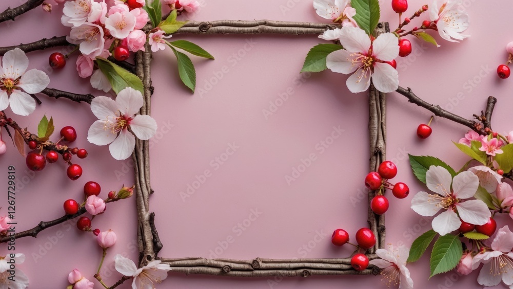 Poster floral frame made of branches and blossoms with pink background and copy space for text or design el