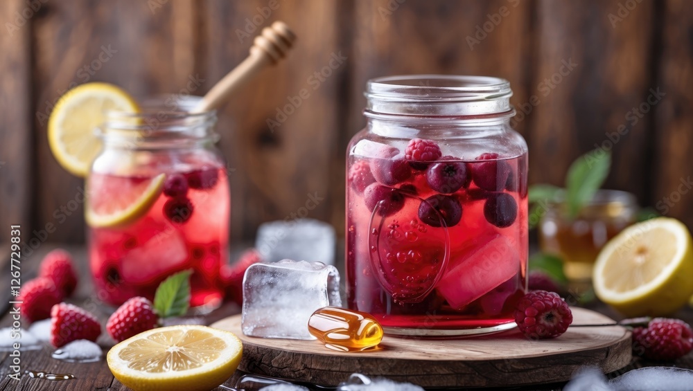 Poster glass jars with raspberry lemonade and ice cubes on wooden table with fresh raspberries and lemon sl