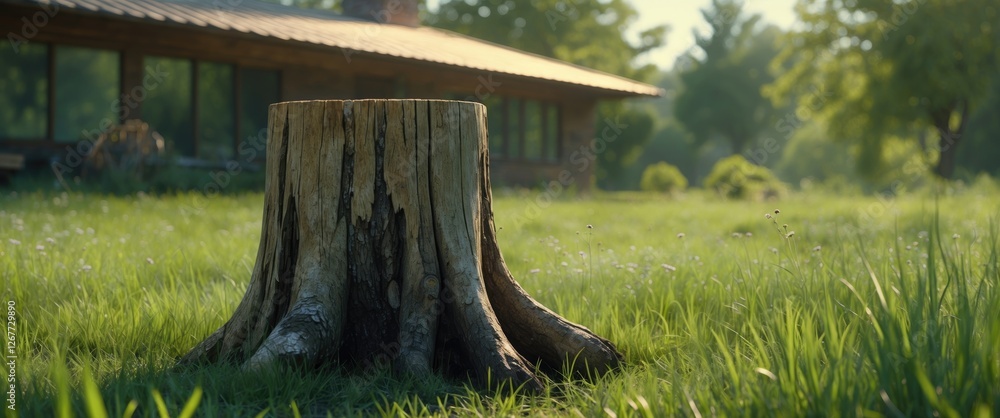 Poster tree stump in a grassy field with a rustic house in the background during a sunny day with clear blu