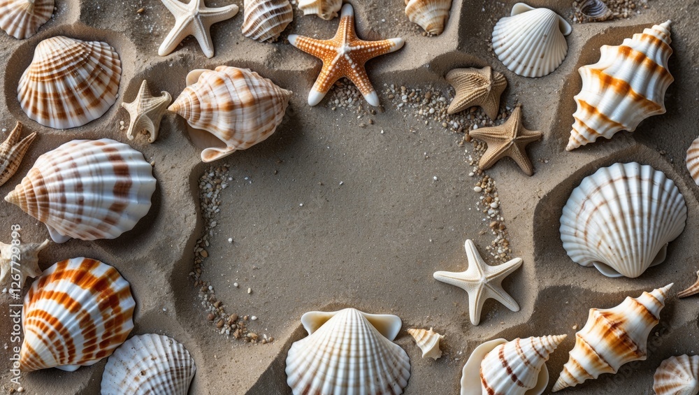 Poster shells and starfish arranged on sandy beach with empty center space for text copy space