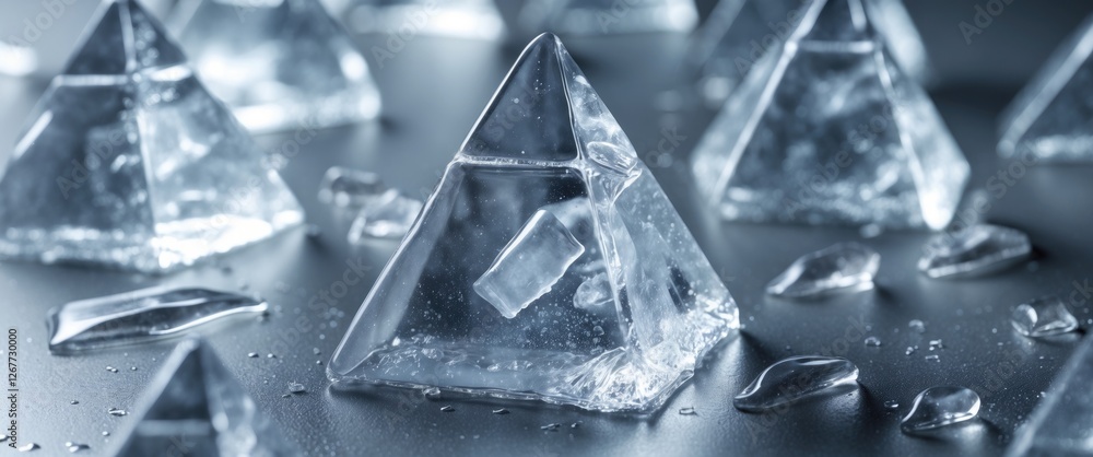 Poster transparent glass pyramids with scattered ice shards on a reflective surface illuminated by soft lig