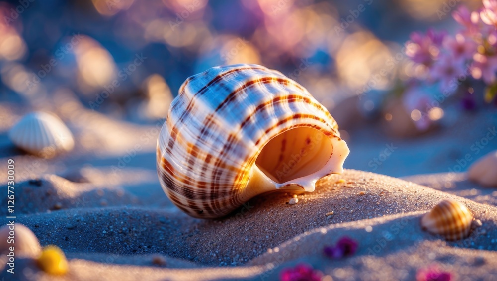Poster seashell on sandy beach during sunset with soft bokeh background showcasing colorful pebbles and flo