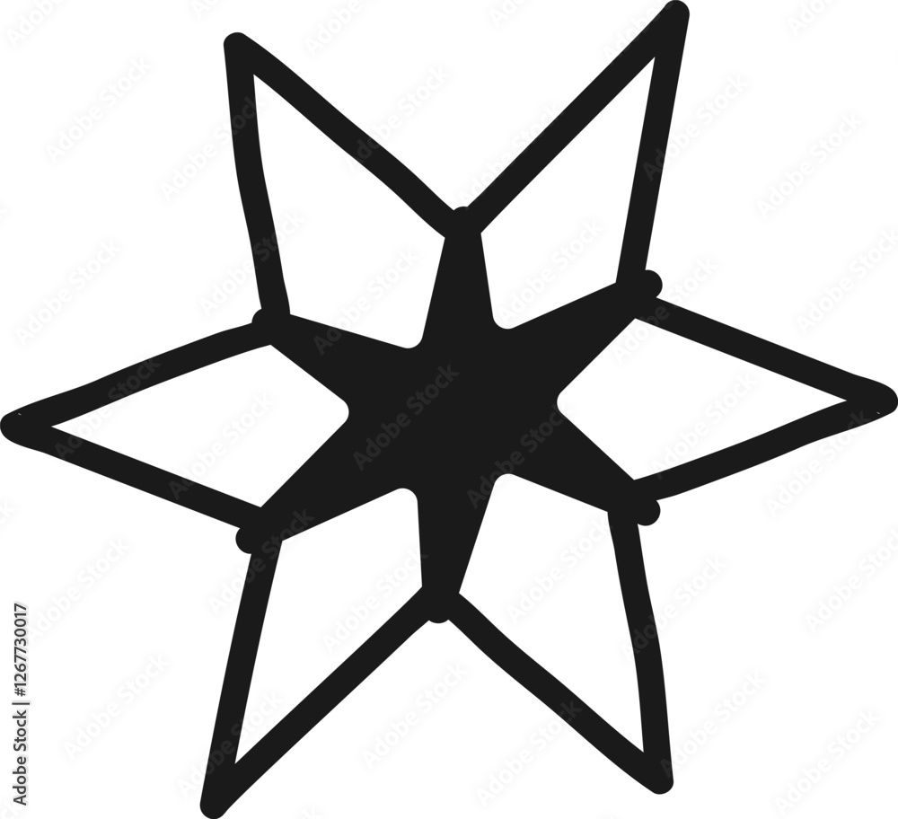 Poster hand drawn eight pointed star features a bold black outline and a prominent dark center, creating a 