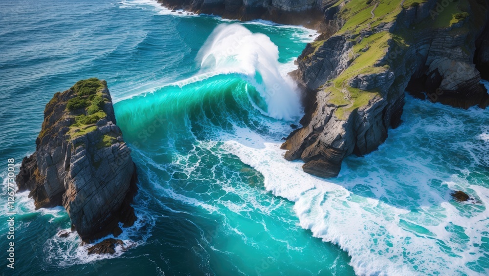 Poster aerial view of powerful ocean wave crashing between rocky cliffs with turquoise water and foamy surf