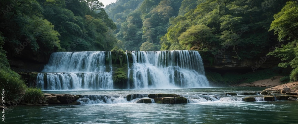 Poster waterfall cascading over rocks surrounded by lush green forest with calm water in the foreground and