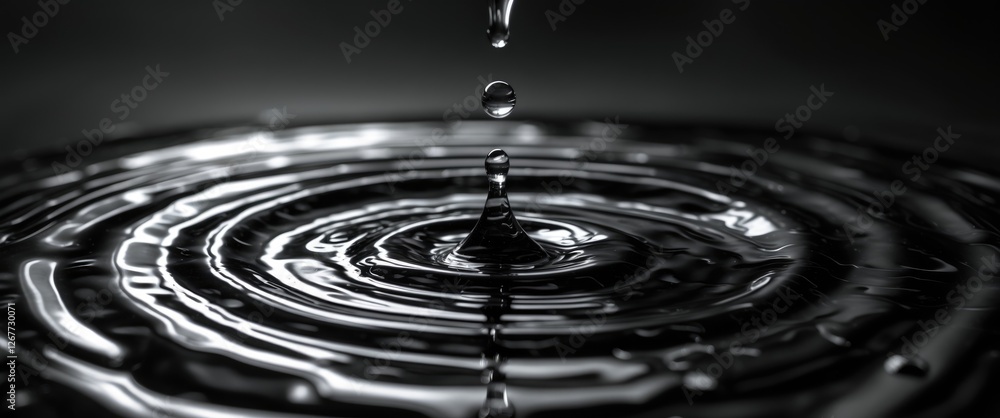 Poster water droplet creating ripples on dark reflective surface with high contrast and smooth texture copy