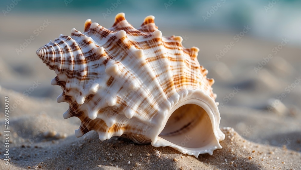 Poster close-up of a beautifully textured seashell resting on sandy beach with ocean in the background copy