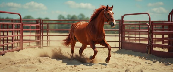 Running chestnut horse in sandy enclosure with corral fencing against blue sky and clouds Copy Space