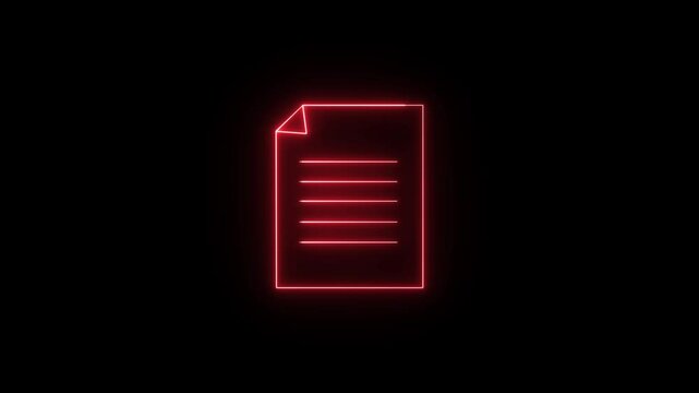 neon red document file icon animation paper note test office form animated on a black background.4k