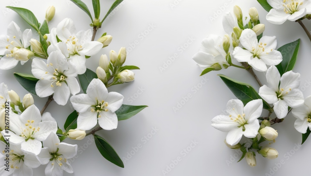 Aufkleber white flowering branches with green leaves arranged on a light background with ample space for text 