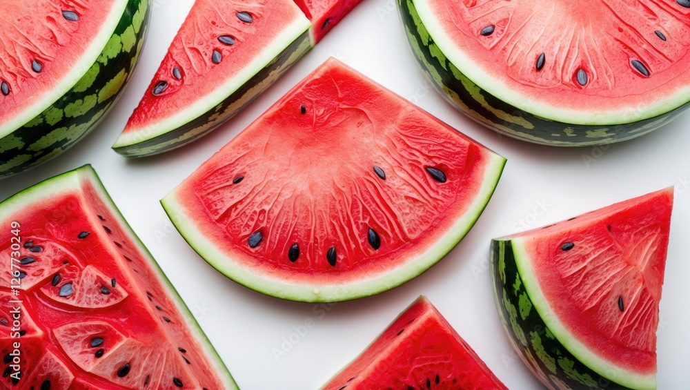 Poster fresh watermelon slices arranged on a white background with visible seeds and texture, ideal for sum
