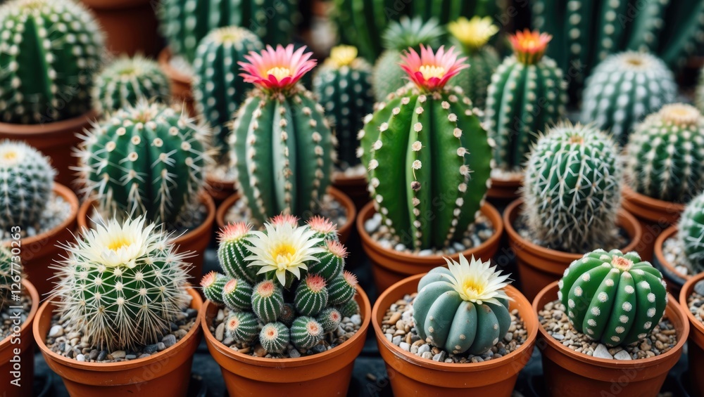 Poster various colorful cacti species in terracotta pots arranged in a garden setting with natural lighting