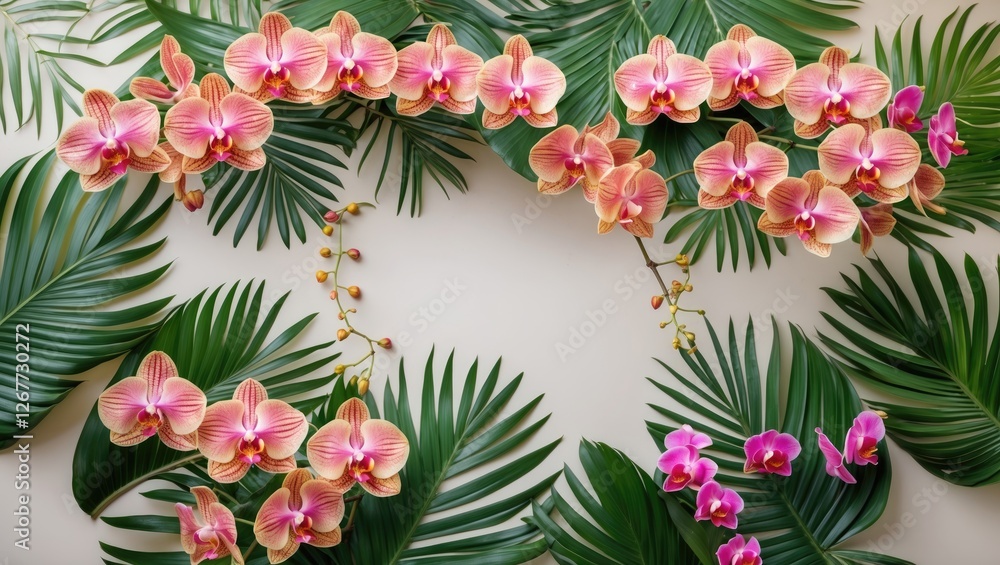 Poster pink orchids arranged with tropical green leaves on a light background with ample copy space for tex