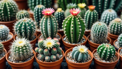 Various colorful cacti species in terracotta pots arranged in a garden setting with natural lighting and depth of field Copy Space