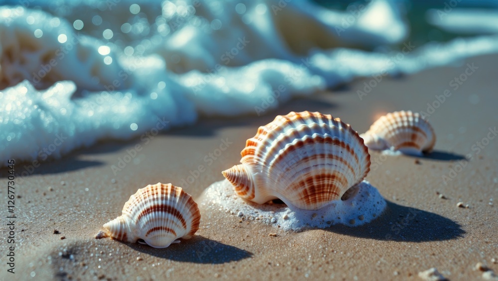 Poster close-up of various seashells on sandy beach with gentle waves in the background and soft sunlight i