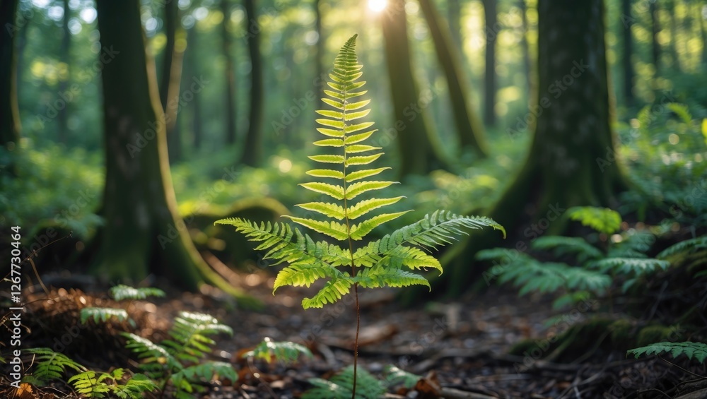Poster lone fern plant in a lush forest with soft sunlight filtering through trees creating a tranquil atmo