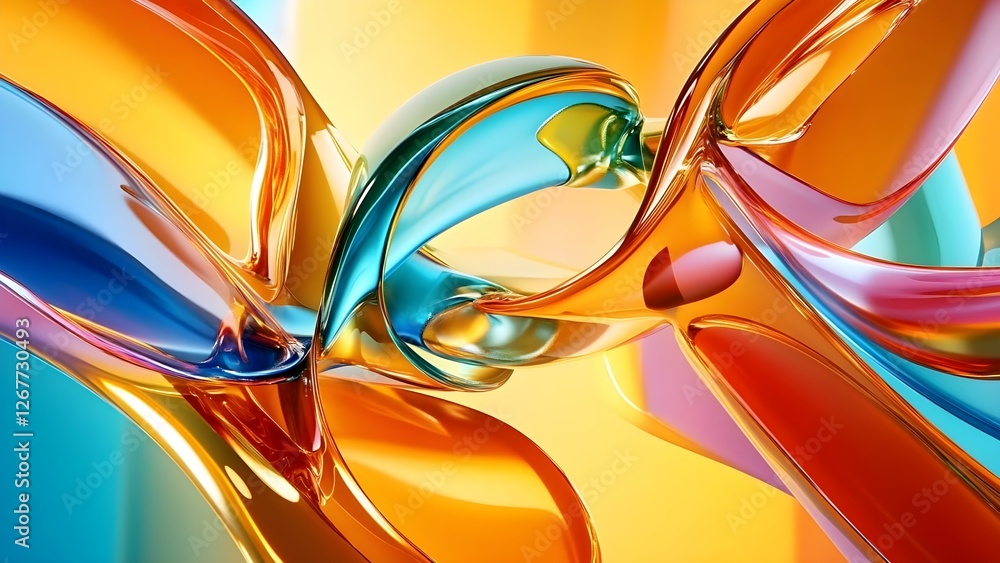 Poster colorful abstract shapes intertwining with smooth surfaces and vibrant hues, creating a dynamic and 