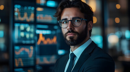 A portrait of a well-groomed businessman with a sharp gaze, wearing glasses and a tailored suit, standing in front of multiple screens displaying financial graphs and stock market trends