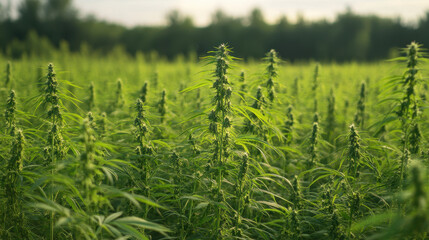 Lush green field of cannabis plants under the soft sunlight displaying the therapeutic potential and agricultural diversity of industrial hemp cultivation
