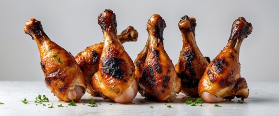 Grilled chicken drumsticks arranged in a line with fresh herbs on a light background Copy Space