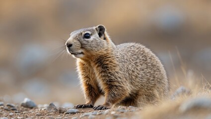 Fototapeta premium Close-up of a small furry mammal sitting on the ground in a natural setting with rocks and soft focus background and Copy Space