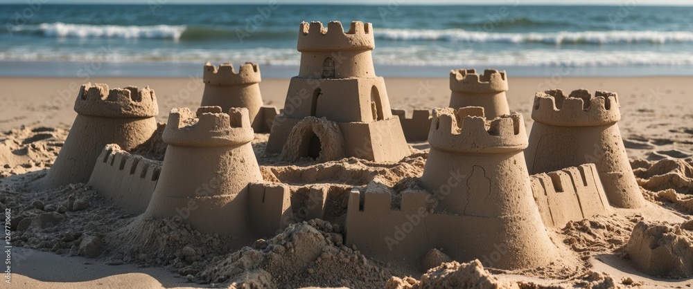 Poster sandcastle with multiple towers and walls on a beach with ocean waves in the background and ample co