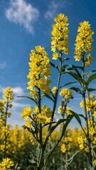 Close-up of a flower meadow in spring or summer, blue sky in the background 