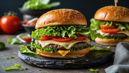 Freshly made gourmet hamburger with lettuce, tomatoes, cheese and sesame seed bun on a slate board with copy space for text
