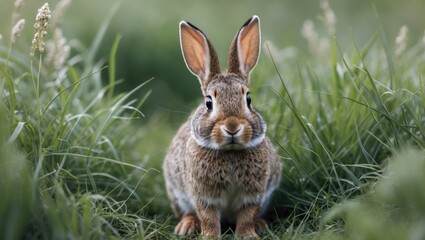 Obraz premium Close-up of a domestic rabbit sitting in tall green grass with ears upright and alert Copy Space