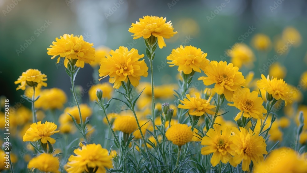 Poster vibrant field of yellow flowers in bloom with soft focus background and ample copy space for text pl
