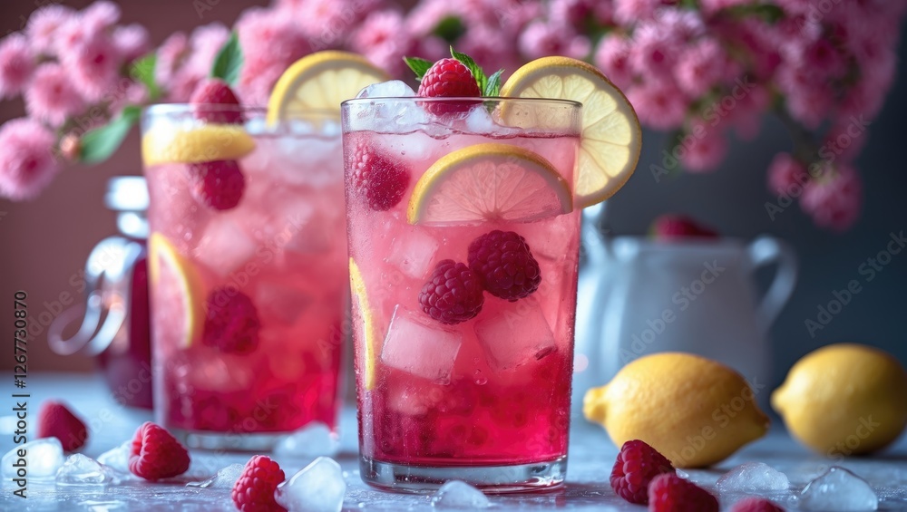 Poster refreshing raspberry lemonade drinks with ice and lemon slices surrounded by fresh raspberries and l