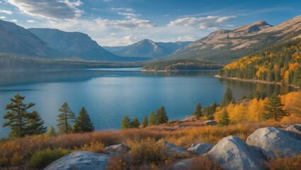 Fototapeta premium Scenic autumn landscape view of a tranquil lake surrounded by mountains and colorful fall foliage with clear blue sky and reflective water Copy Space